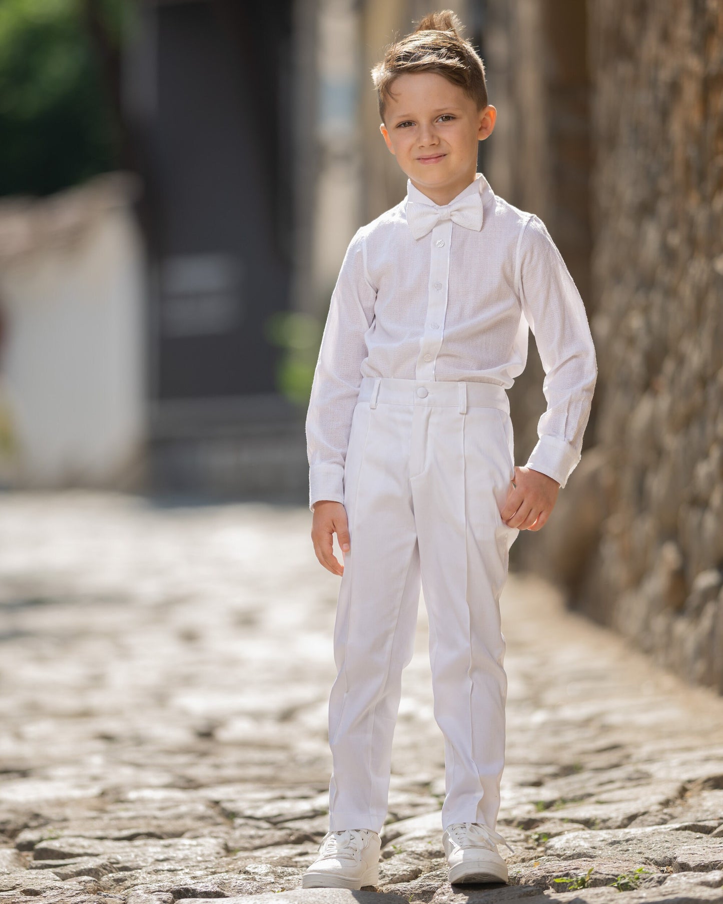 Boys white satin cotton formal suit/ Wedding kids outfit/ Communion toddler boy cotton suit set/ 4 pieces kids boy luxury dress suits