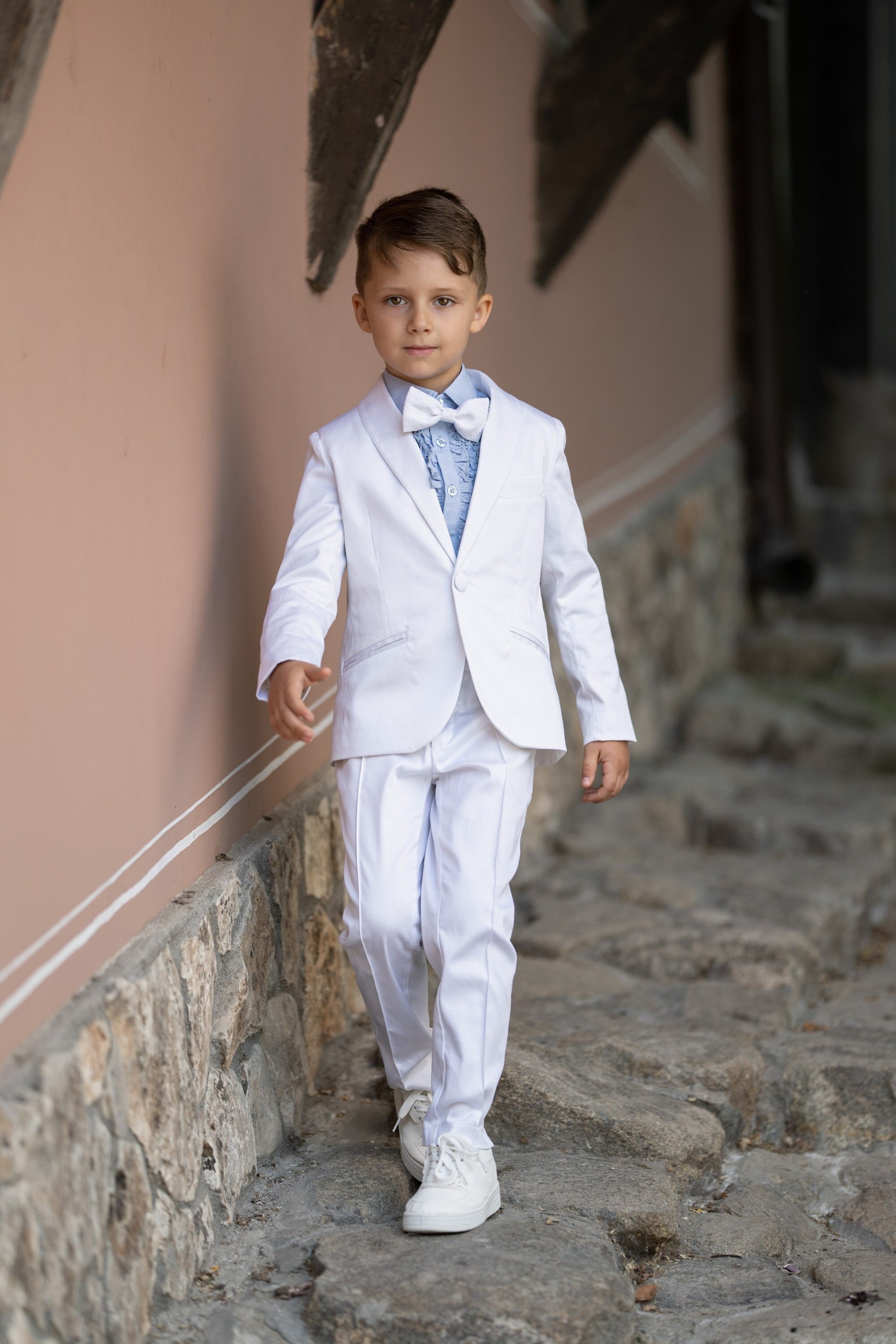 Wedding luxury boys outfit/ Ring bearer white satin cotton formal suit/ Communion toddler boy cotton suit set/ 4 pieces kids boy dress suits