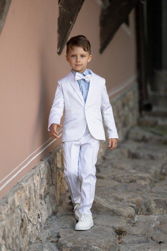 Wedding luxury boys outfit/ Ring bearer white satin cotton formal suit/ Communion toddler boy cotton suit set/ 4 pieces kids boy dress suits