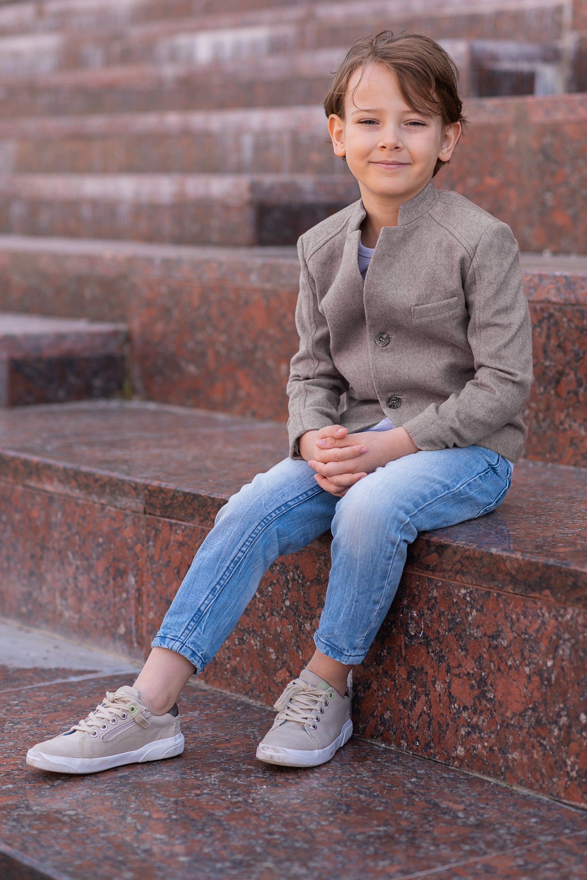 Slim fitted wool blazer for boys/ Single breasted wool jacket/ Winter clothes toddler boy/ Stand up collar kids blazer/ Tailored blazer