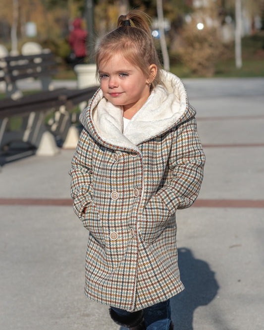 Hooded wool houndstooth coat girl jacket/ Tweed checked toddler coat large hood Kids wool plaid overcoat/ Square check tartan tweeted jacket