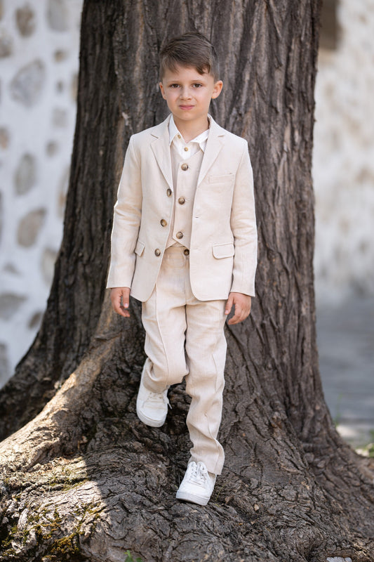 Linen 4 piece summer set for boys/ Rustic wedding outfit boys/ Communion linen clothing toddler dress shirt outfit/ Beige linen boys suit