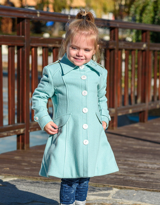 Teal winter tench coat with pockets, Warm long wool coat girl, Kids classic wool winter coats, Toddler cute winter outfits, Couture coat