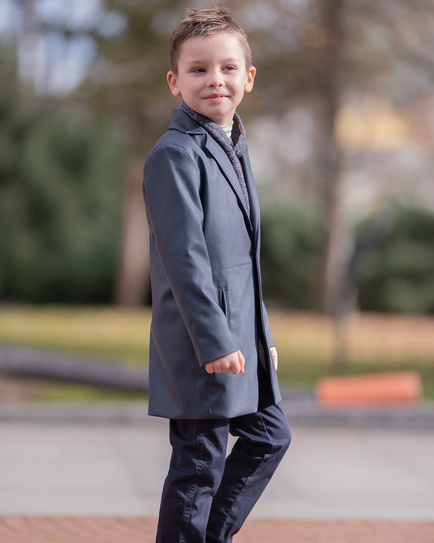 Kids navy blue faux leather long coat / Toddler boy modern outfit / Button down coat for boys/ Leather formal wear coat for boys