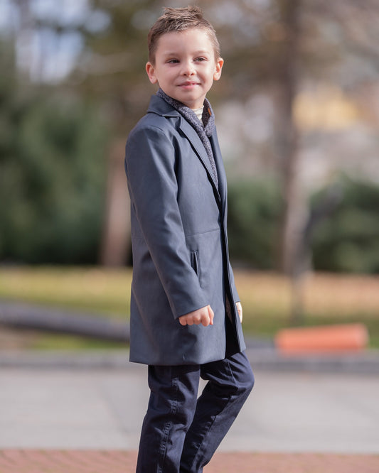 Kids navy blue faux leather long coat / Toddler boy modern outfit / Button down coat for boys/ Leather formal wear coat for boys