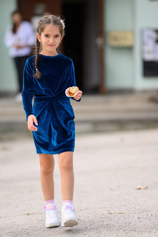 Girls velvet dress/Blue silk velvet dress/Formal dress children/Kids midi dress/Toddler girl shift dress/Soft party dress/Occasions outfit