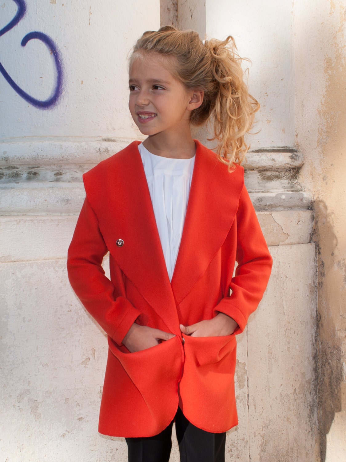 Girls shawl collar wool coat/Toddler girl winter coat/Red coat outfit/Kids designer coat/Midi coat/Trench coat/Warm coat/Extravagant coat
