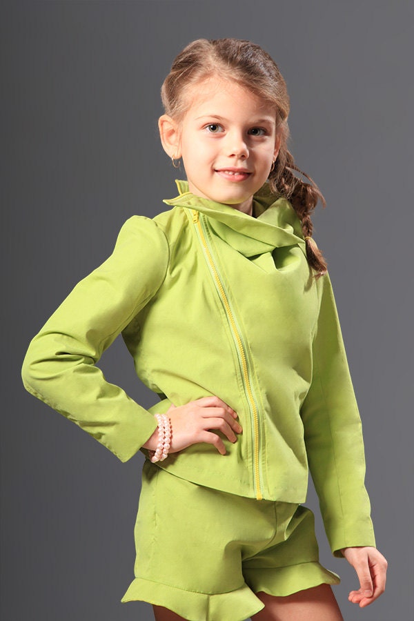 Diagonal zipper jacket/Asymmetrical high collar cotton jacket/Spring outfit/Toodler girl jacket/Zip up jacket/Large collar girls jacket