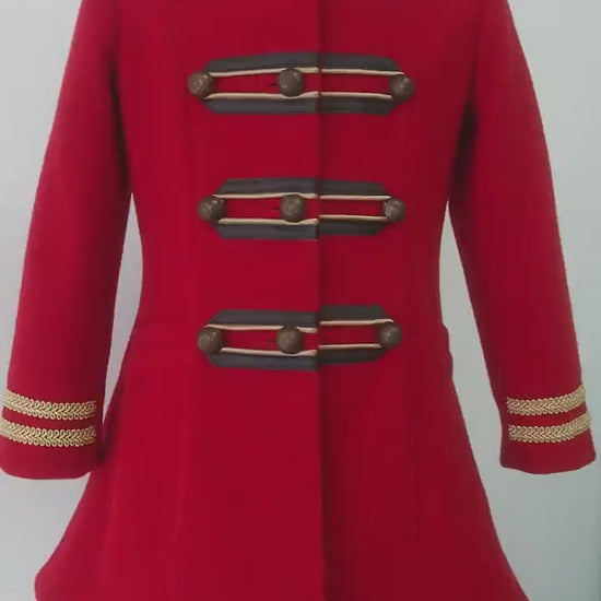 Wool girls long down coat/ Trench stand collar red coat/Toddler girl fit and flare coat/Kids military look wool coat/Warm winter girls coat