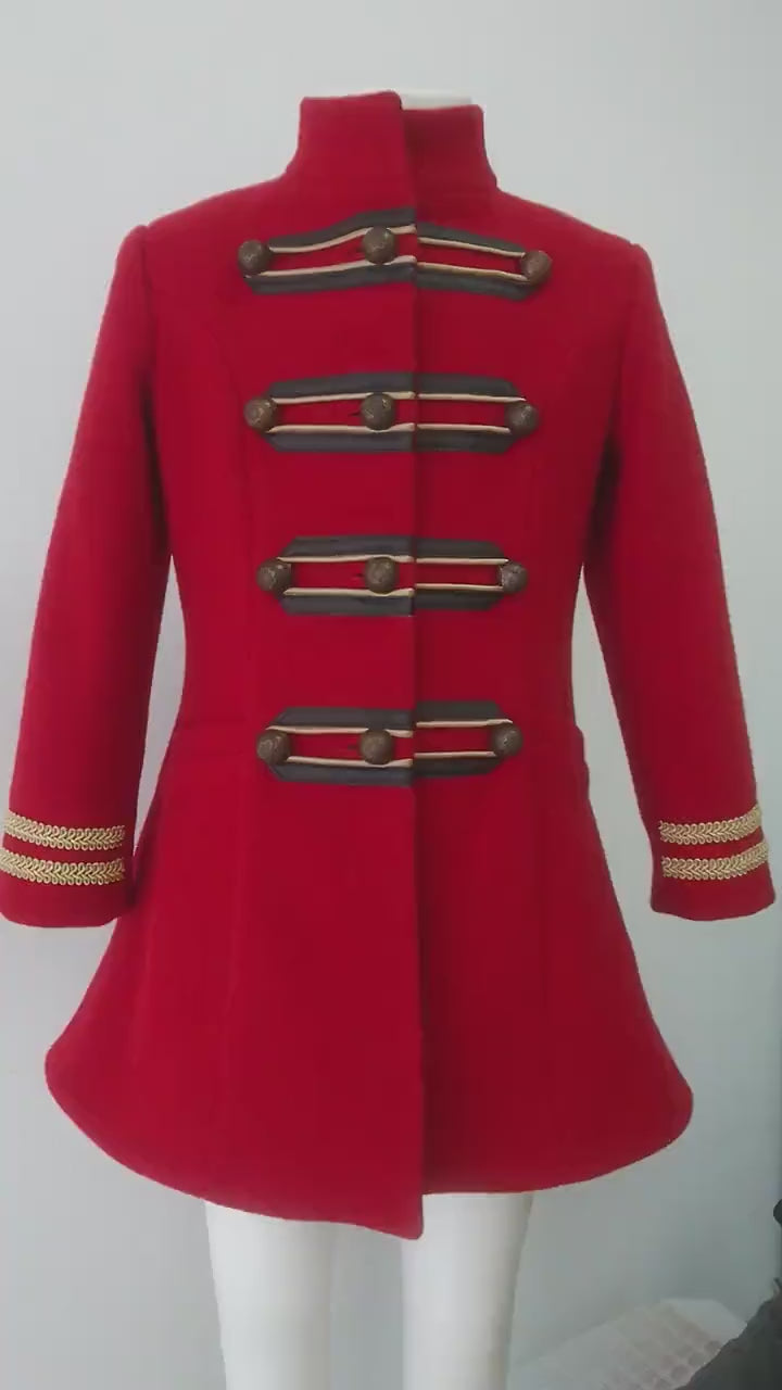 Wool girls long down coat/ Trench stand collar red coat/Toddler girl fit and flare coat/Kids military look wool coat/Warm winter girls coat