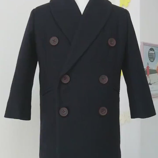 Long shawl collar wool for boys, Double breasted down coat toddler, Kids warm winter vintage coat, Navy classic coat, Junior long pea coat
