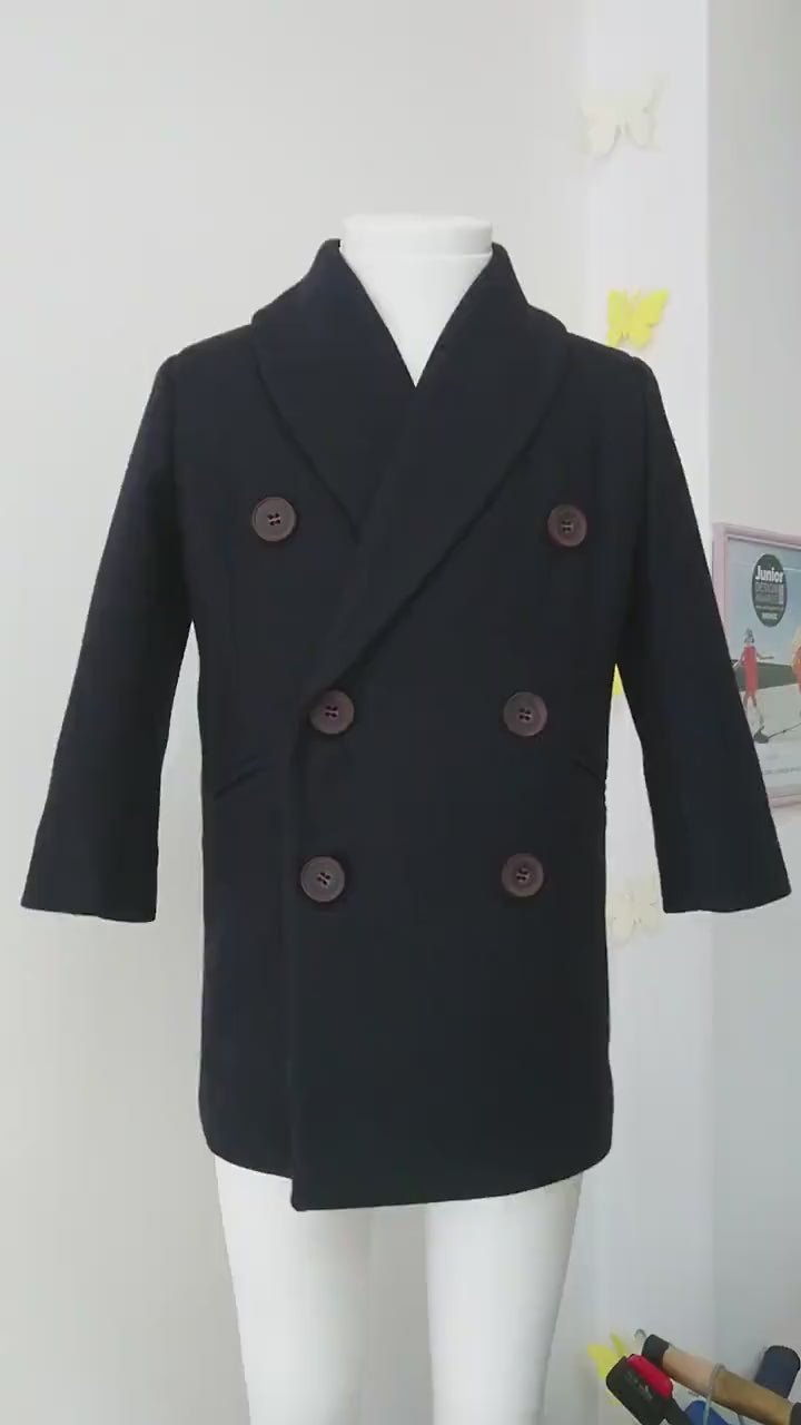 Long shawl collar wool for boys, Double breasted down coat toddler, Kids warm winter vintage coat, Navy classic coat, Junior long pea coat
