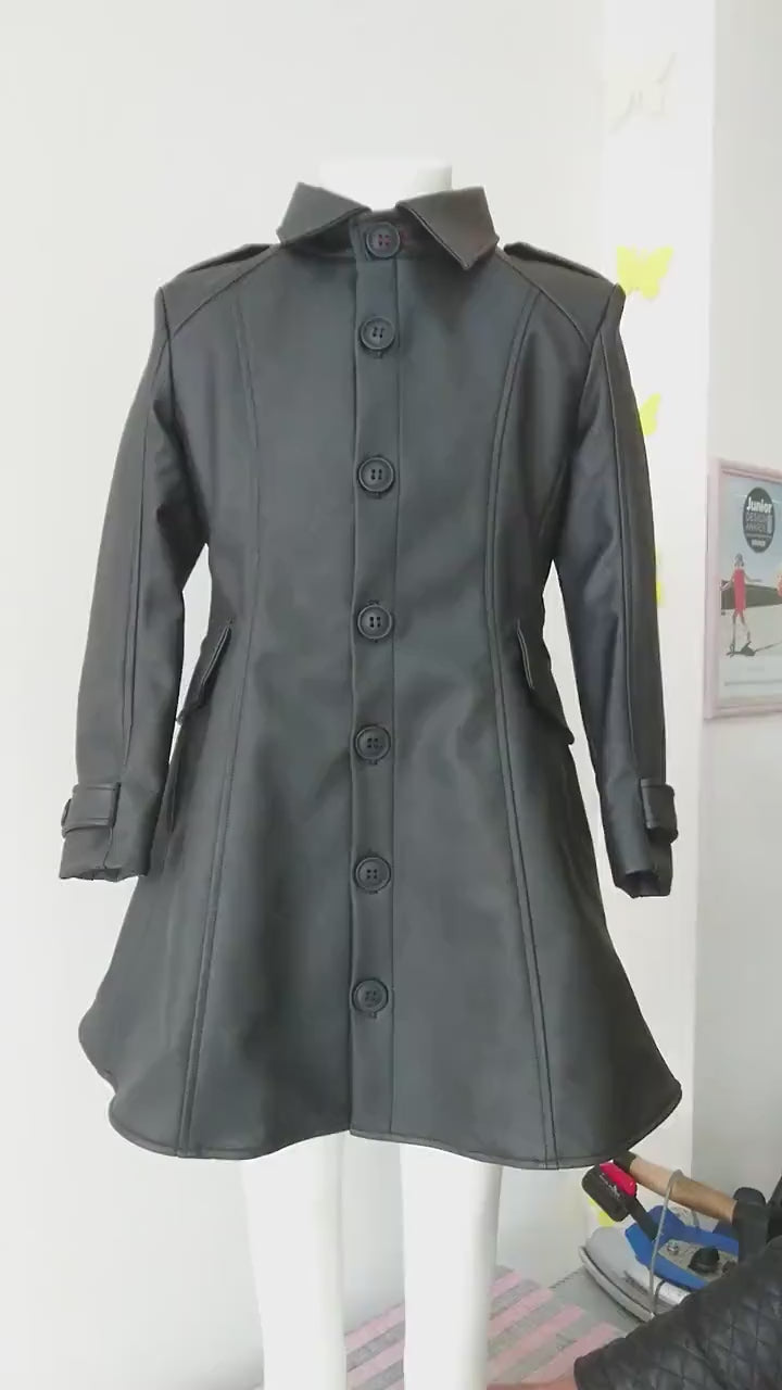 Long faux leather celebrity coat jacket for Girl Leather outfit/ Toddler vegan steampunk overcoat/ Long down Frock Coat Trench Duster Coat