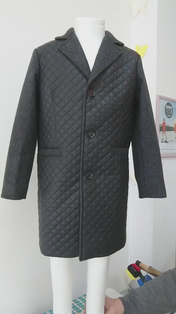 Black wool coat child / Leather coat Kids long down Toddler boy coat Back to School outfit / Winter coat toddler / Leather quilted coat