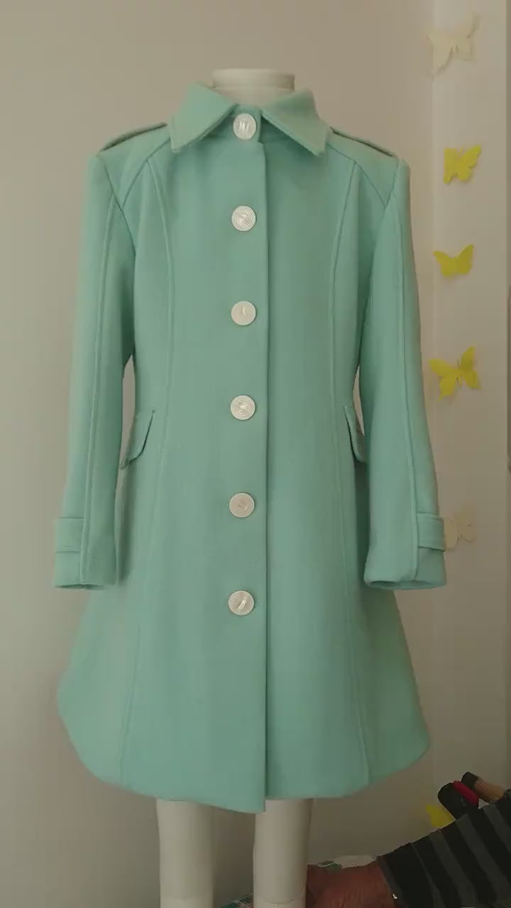 Teal winter tench coat with pockets, Warm long wool coat girl, Kids classic wool winter coats, Toddler cute winter outfits, Couture coat