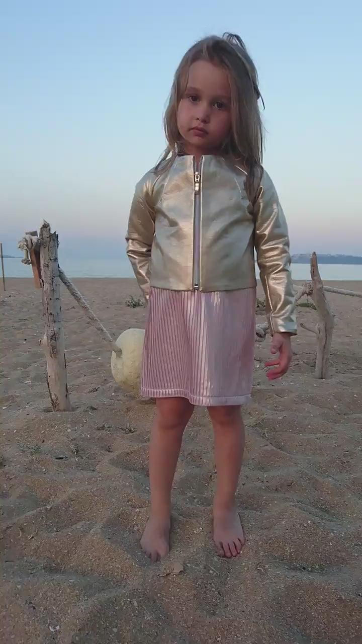 Shiny gold faux leather jacket for girls, Kids jacket, Short leather jacket, Cropped leather jacket, Eco Leather outfit, Stylish jacket