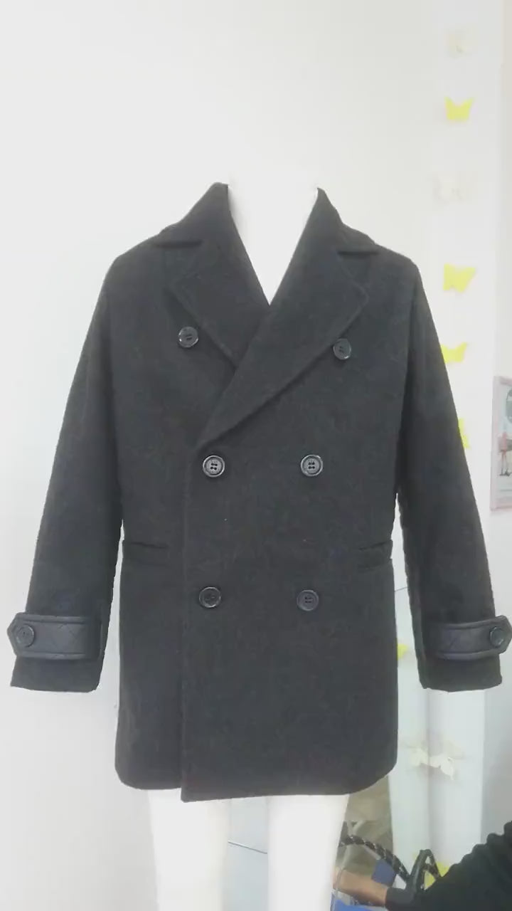 Boys double breasted short wool coat, Stylish pea coat winter boys outfit, Wool blazer coat toddler trendy wool peacoat, Cropped winter coat