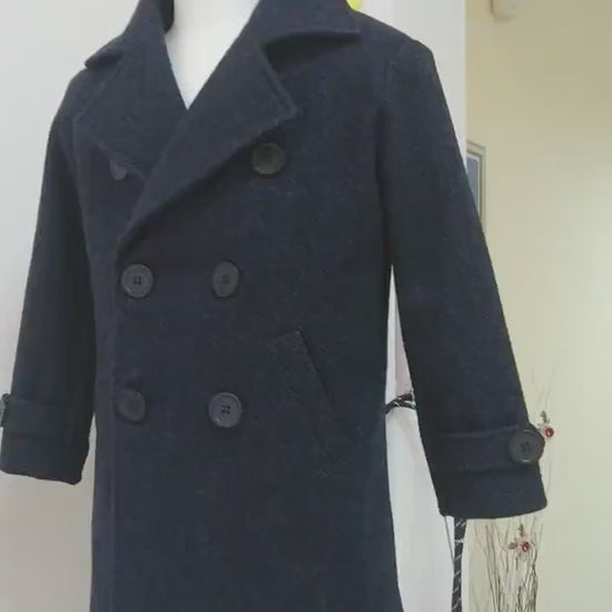 Double breasted down coat toddler, Long wool peacoat for boys, Kids warm winter vintage coat , Long classic coat, Junior long pea coat